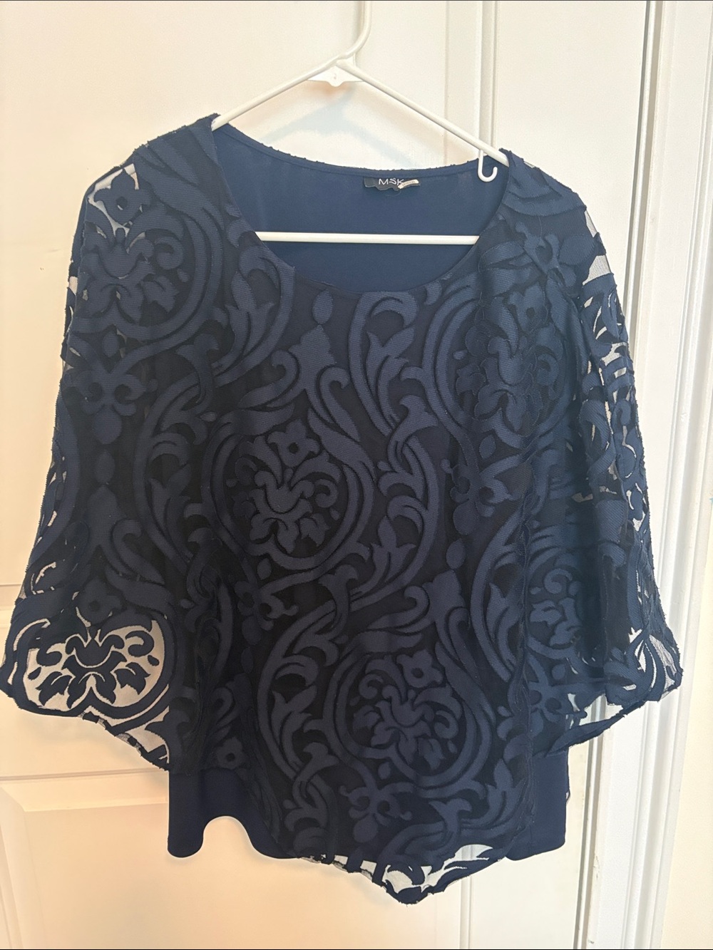 MSK Navy Blue Scroll Lace Overlay Top